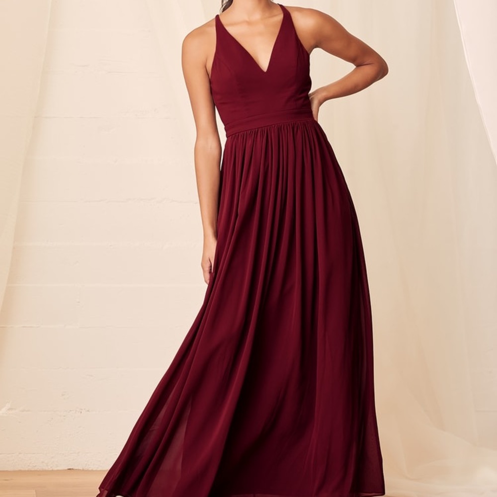 Lulu’s Love Spell Burgundy Lace-Back Maxi Dress